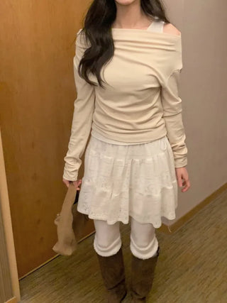 (2 colors) Off-shoulder layered T-shirt