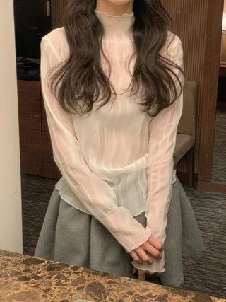 (2 colors) Shirred High Neck Blouse