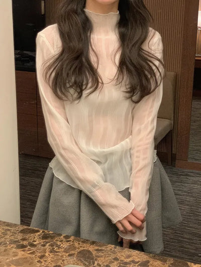 (2 colors) Shirred High Neck Blouse