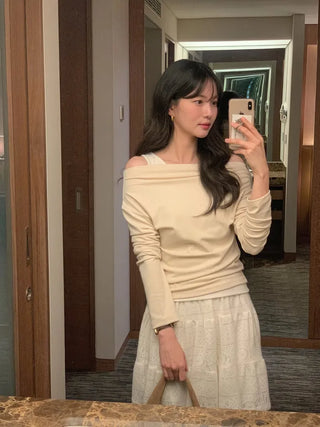 (2 colors) Off-shoulder layered T-shirt