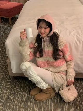 (2 colors) Striped knit zip-up
