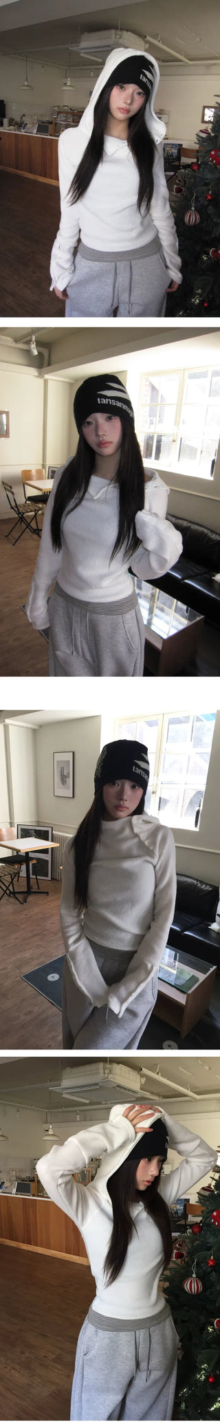 Curling Button Hood Button Knitwear Ribbed Hoodie - 4 colors