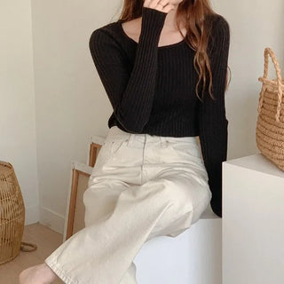 (5 colors) Ribbed Square Neck Knit Top