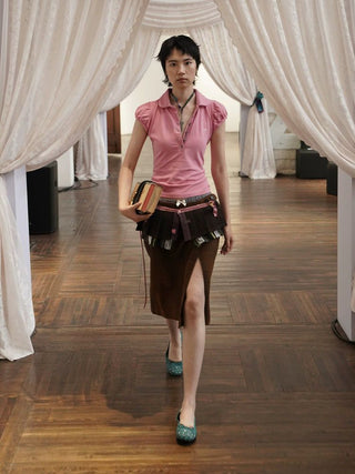 [Moromoro2] Wool Blend Striped Patchwork Pleated  Skirt