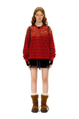 [Moromoro2] Layered Striped Polo Shirt