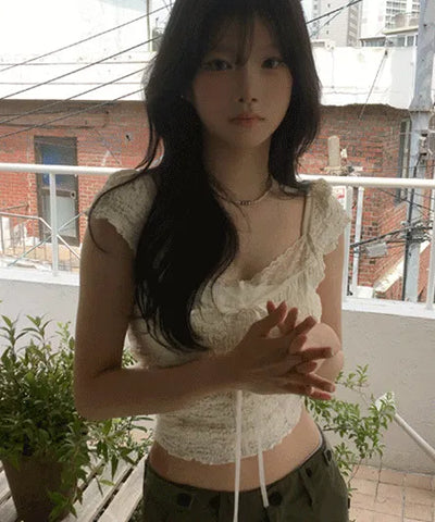 Luca Lace Ribbon Short Sleeve Blouse T-Shirt - 2 Colors