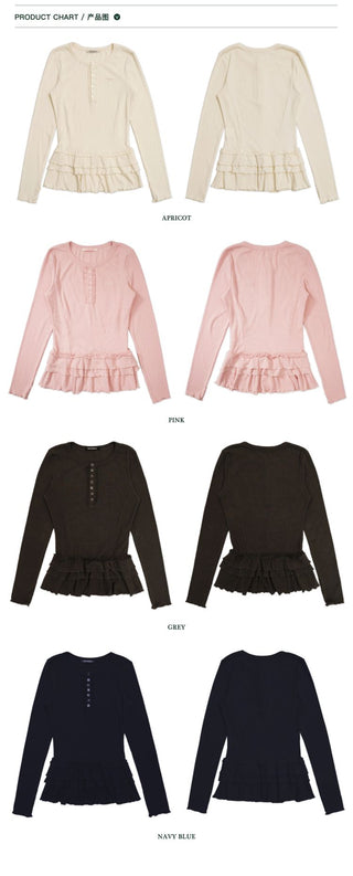 [Moromoro2] Soft Ribbed Lace Trim Long Sleeve  Top