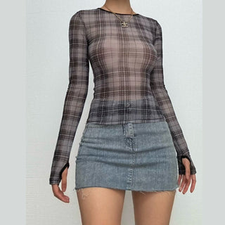 Long sleeve plaid crewneck mesh top