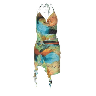 Halter print cowl neck o ring ruffle mini dress