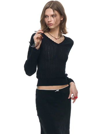 [NECY] Wavy Black Ribbed Slim Knit
