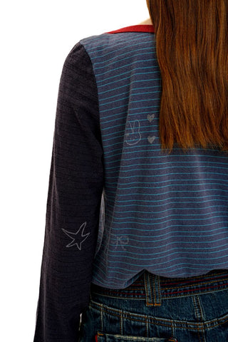 [Moromoro2] Contrast Stripe Rhinestone Long Sleeve  Tee