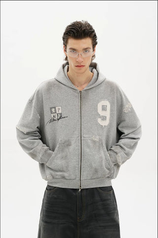 [MASONPRINCE] Boxy Fit Distressed Patch Zip-Up Hoodie