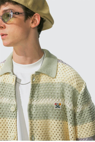 [Monterest] Open Knit Striped Short Sleeve Cardigan