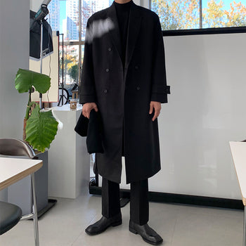 Lapel collar herringbone robe coat (black)