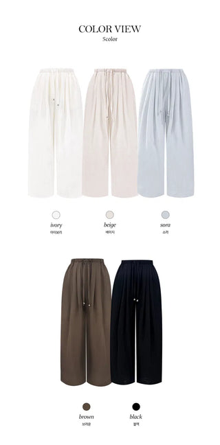 Chalang Linen Two-Pin Tuck Wide Long Pants - 5 Colors