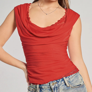 Ruched lace patchwork mesh top