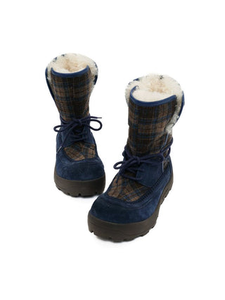 [Moromoro2] Plaid Fur-Lined Platform Snow  Boots