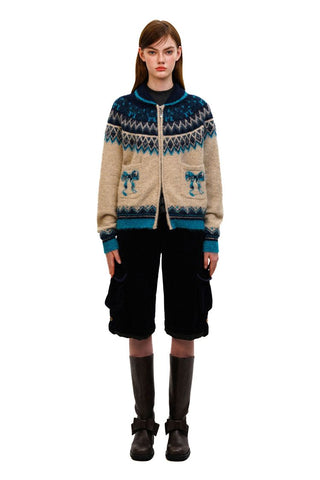 [Moromoro2] Fair Isle Bow Pocket Retro Collar  Cardigan
