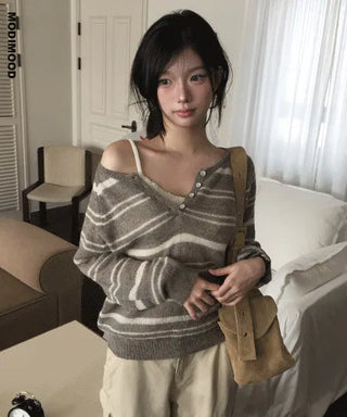 Ipen Striped Open Button Knitwear - 4 colors
