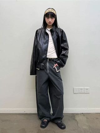 [NEVERSEEZ] Stand Collar Oversized PU Jacket