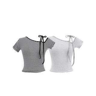 Striped asymmetrical drawstring slim short-sleeved T-shirt
