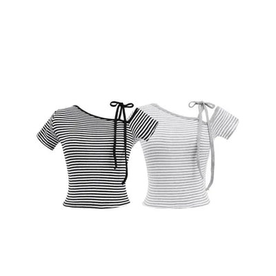 Striped asymmetrical drawstring slim short-sleeved T-shirt