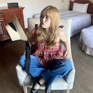 Checked ribbon blouse