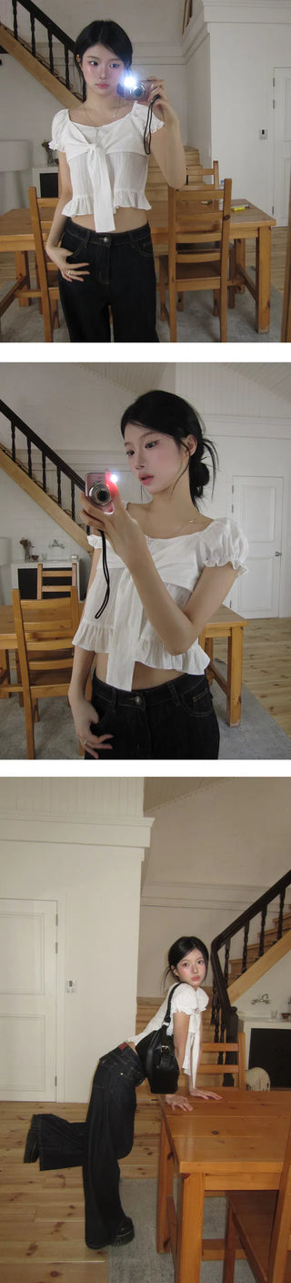 Ribbon Knot Puff Crop Blouse - 3 Colors