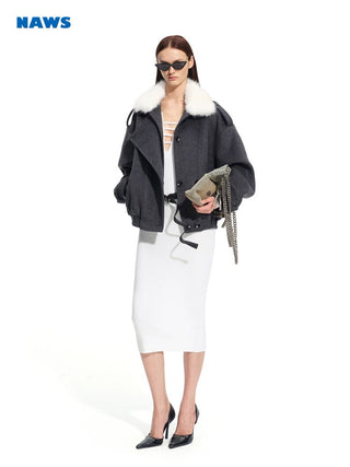 [NOTAWEAR] Faux Fur Collar Wool Blend Bomber  Jacket
