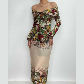Mesh flower print contrast zip-up off shoulder long sleeve ruched midi dress-final-sale
