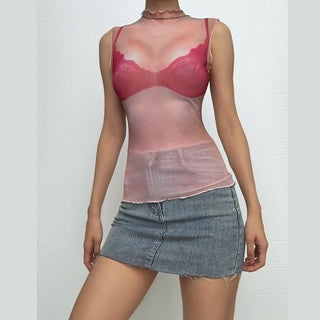 Crewneck sheer mesh print sleeveless contrast top
