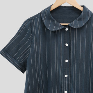 Flower button stripe border short-sleeved blouse