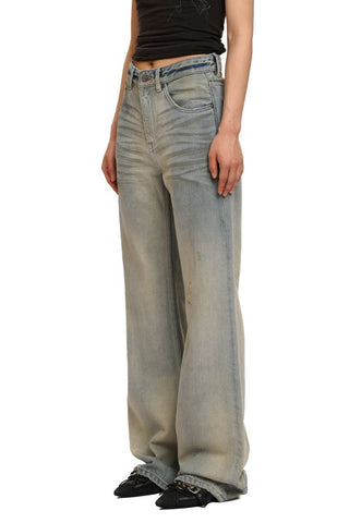 [Moromoro2] Washed Pleated Wide Leg Jeans
