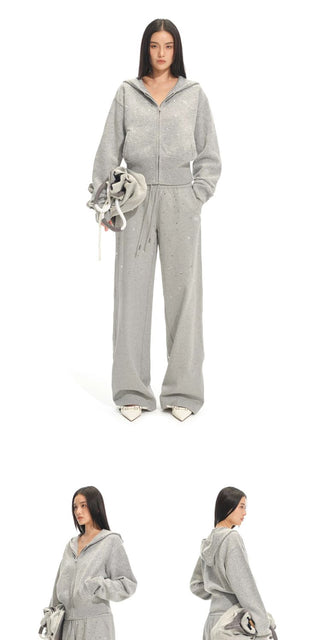 [NOTAWEAR] Rhinestone Hooded Zip-Up Knit  Cardigan