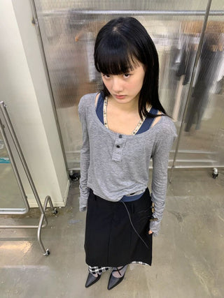 [NEVERSEEZ] Lyocell Wool Blend Henley Long Sleeve Tee