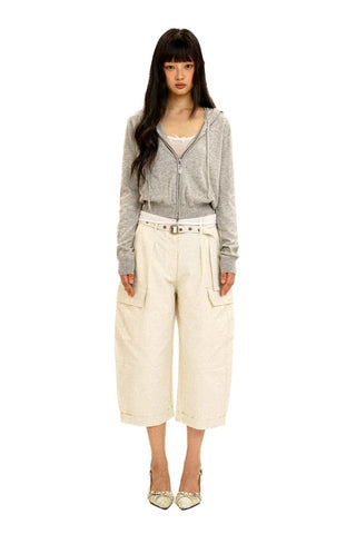 [Moromoro2] 3D Silhouette Belted Work Cropped  Pants
