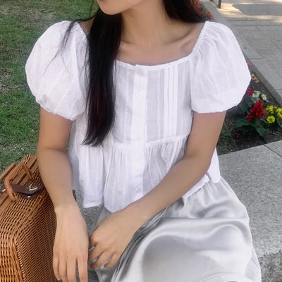 Elastic square neck short-sleeved blouse