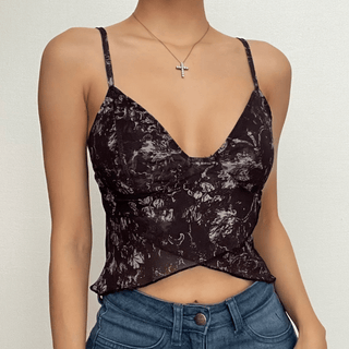 Ruffle v neck sheer mesh cross front print see through crop top
