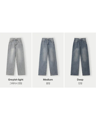 Semi-wide straight denim pants