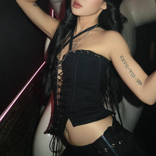 Halter hollow out lace up slit solid cut out top