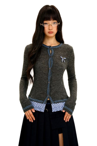 [Moromoro2] Layered Hem Plaid Bow Slim Fit  Cardigan