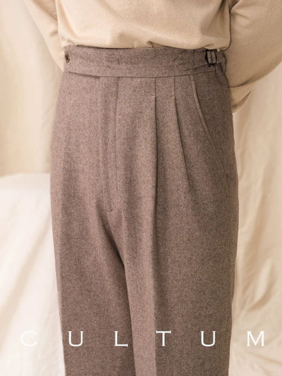 [CULTUM] Wool Blend Herringbone Double Pleat Trousers