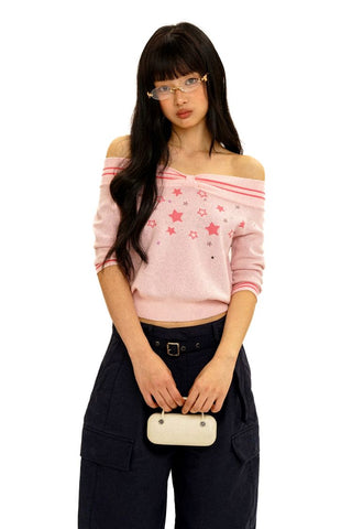 [Moromoro2] Off-Shoulder Star Rhinestone Knit  Top