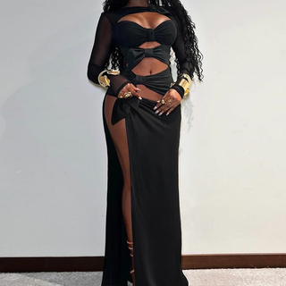 Hollow out high slit ruched long sleeve cut out maxi dress