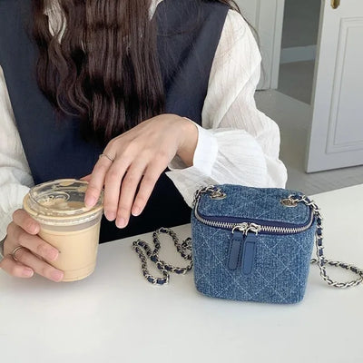Denim quilted micro mini chain cross bag