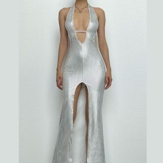 Halter deep V neck slit plaid hollow out cut out maxi dress