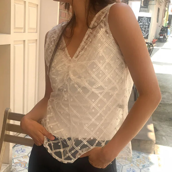 Polka Dot Lace Chiffon Mesh Sleeveless Blouse