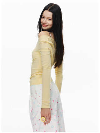 [NECY] Heart Neck Shirring Long Sleeve (2color)