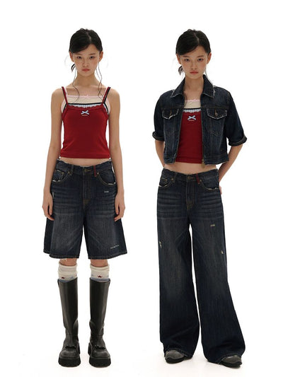 [Moromoro2] Washed Cat Whisker Distressed Wide Leg  Jeans