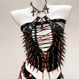 Rivet PU leather halter o ring metal chain top